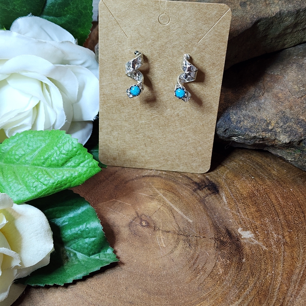 Spiral Etched Silver Toned Earrings With Faux Turquoise Blue Gemstones